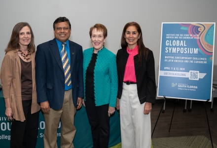 From left) CAS Interim Dean Magali Michael, Provost and Executive Vice President of Academic Affairs Prasant Mohapatra, Former ֱ President Betty Castor, and ISLAC Director Beatriz Padilla. (Photo by Corey Lepak)