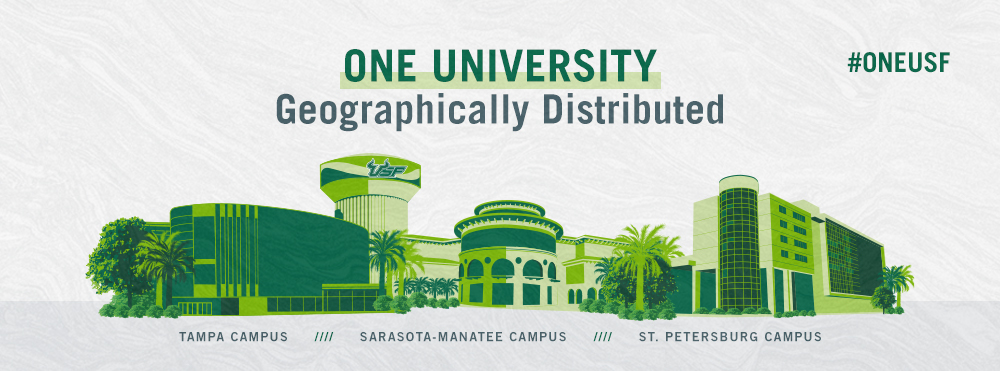 One University, Geographically Distributed: Images of Landmarks from each campus, St. Petersburg, Sarasota-Manatee, and Tampa