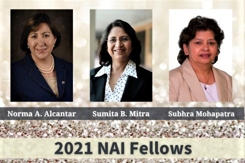 Portraits of Norma Alcantar, Sumita Mitra and Subhra Mohapatra, the 3 ֱ faculty members who have been selected as new National Academy of Inventors Fellows