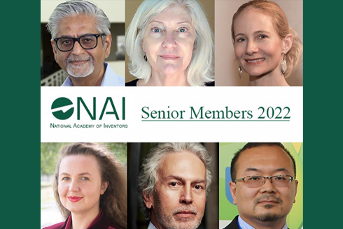 Collage of six headshots around the National Academy of Inventors logo, entitled Senior Members 2022 