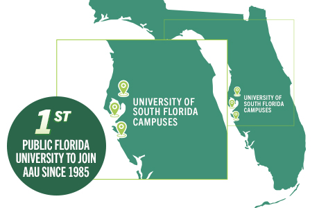 Graphic shows map of Florida with "1st public Florida university to join AAU since 1985""