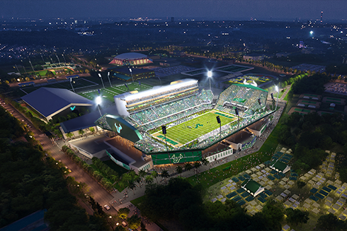 Rendering of the future ֱ on-campus stadium - aerial view at night