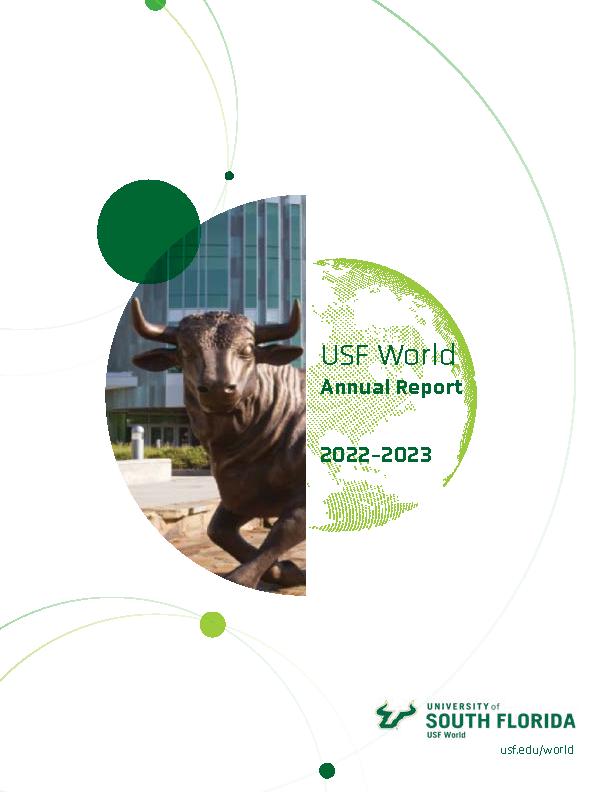 cover of 2022-23 usf world annual report, which has the ֱ running bull statue arranged next to a shadowed green globe with ֱ World Annual Report 2022-2023 printed underneath