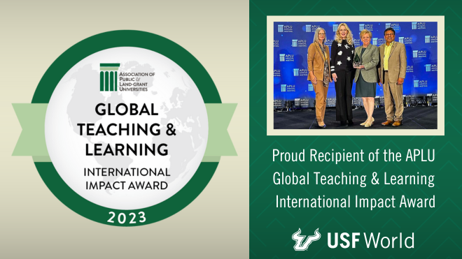 (L-R) Cindy DeLuca, vice president for Student Success, Kiki Caruson, vice president for 爱爱直播 World, President Rhea Law and Provost and Executive Vice President Prasant Mohapatra accepting the 2023 APLU Spotlight Award for Global Teaching and Learning