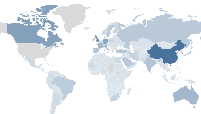 Geographical heat map of ֱ international co-publication 2015-2019